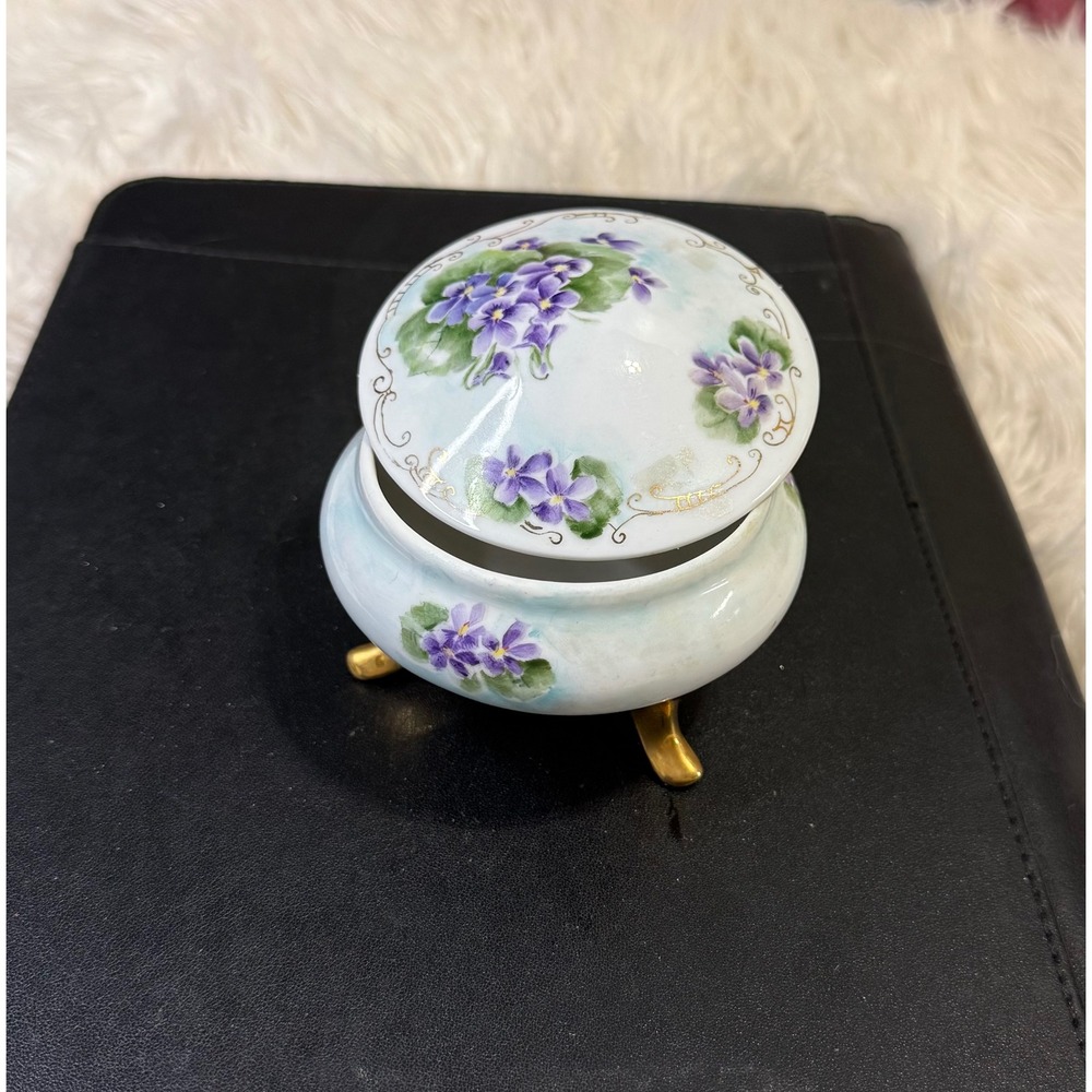 Vintage Germany Porcelain Trinket Box Hand Painted Violets Gold Feet Vanity Jar